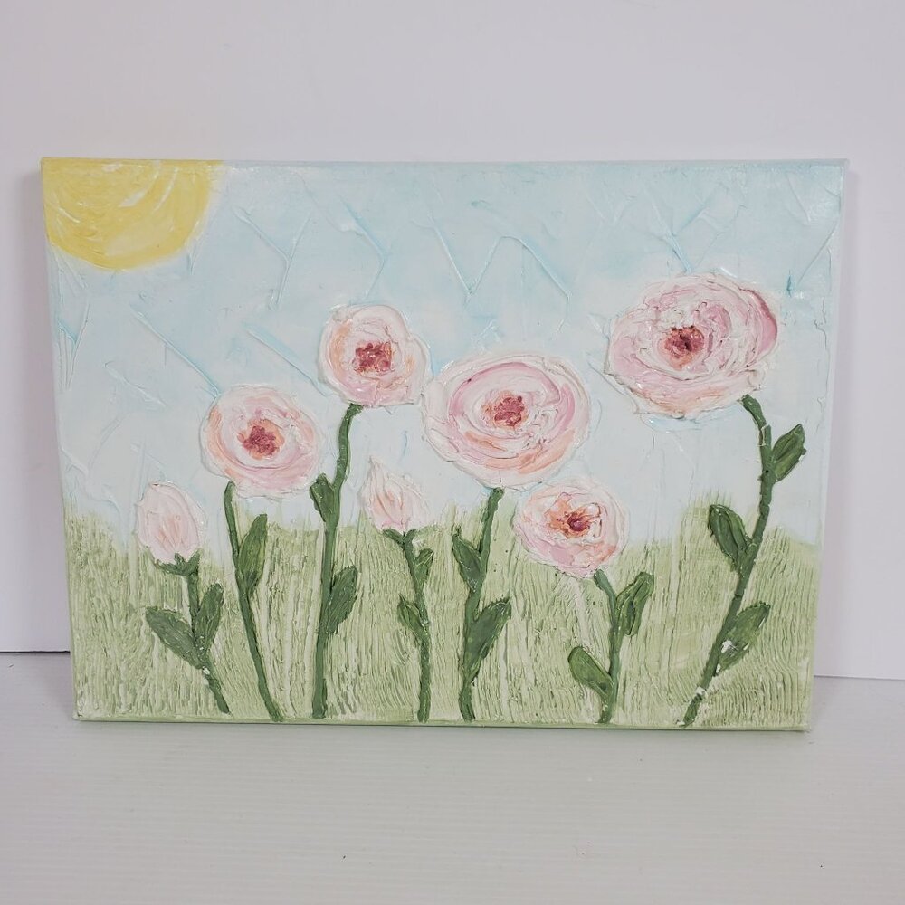 Original Textured Oil Painting | Pink Flower Garden Art | 8x10 Floral Impasto Ca